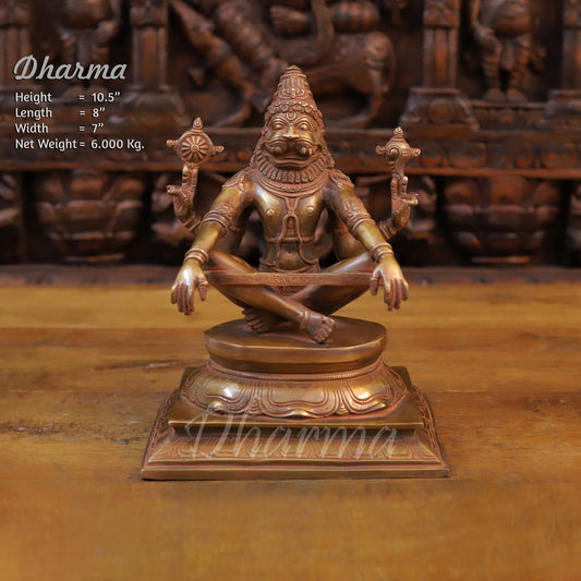 Brass Narasimha Statue in Yoga Mudra, Copper Finish, 10.5"
