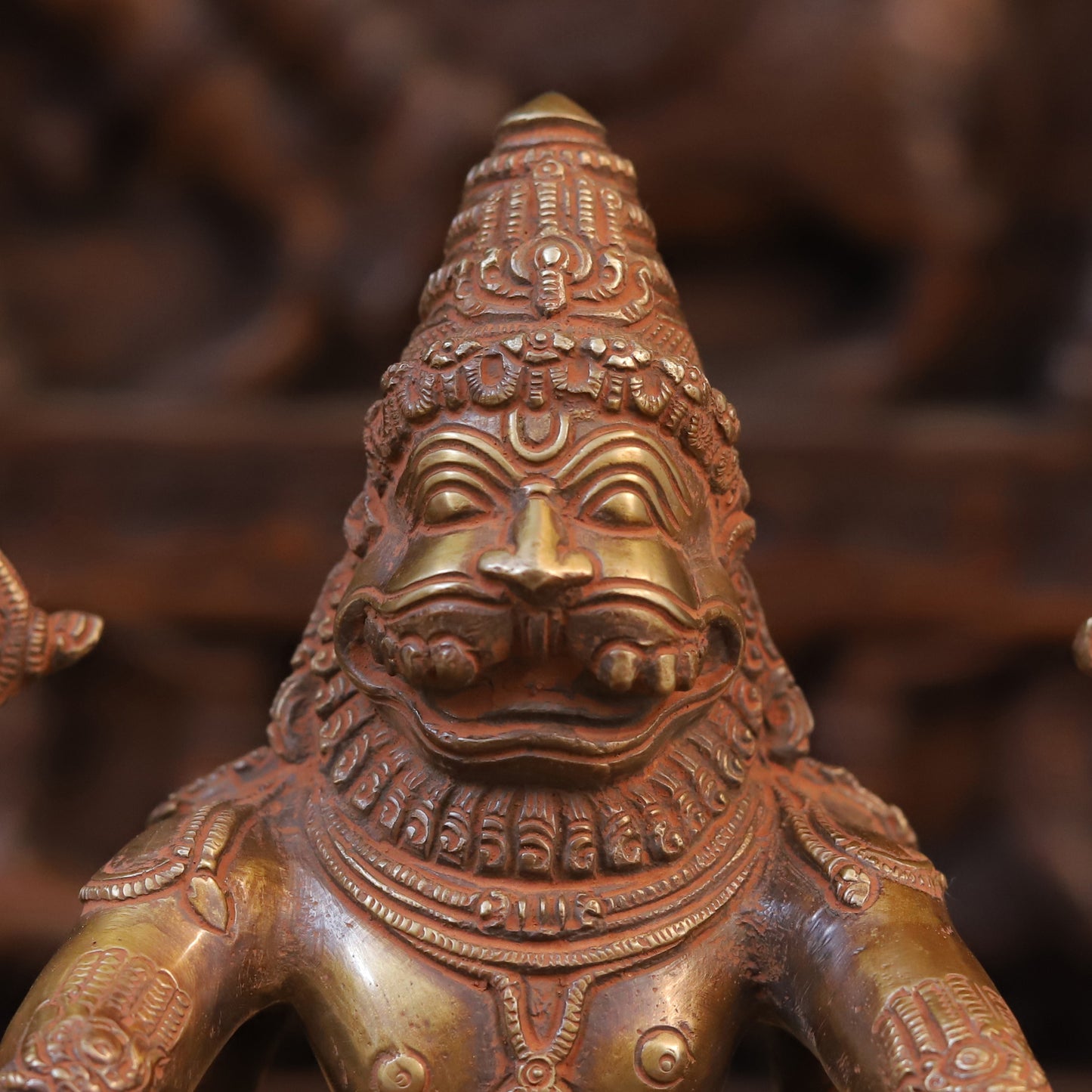 Brass Narasimha Statue in Yoga Mudra, Copper Finish, 10.5"