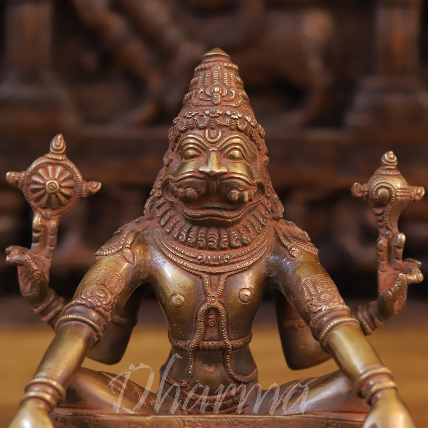 Brass Narasimha Statue in Yoga Mudra, Copper Finish, 10.5"