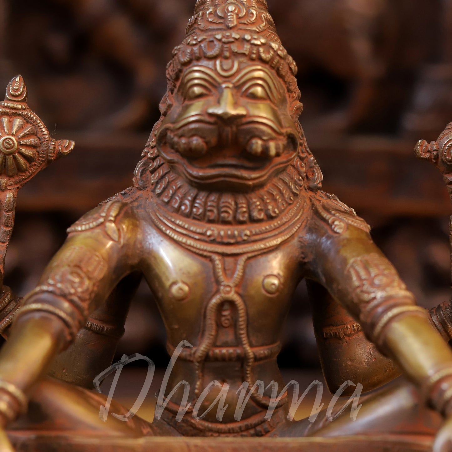 Brass Narasimha Statue in Yoga Mudra, Copper Finish, 10.5"