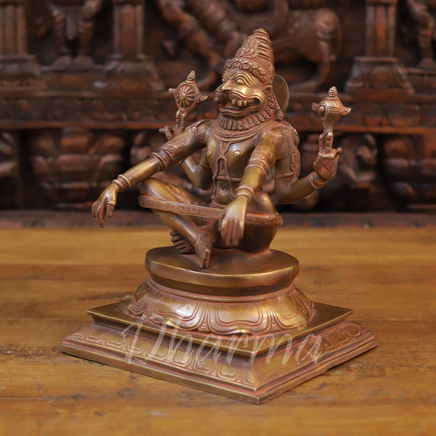 Brass Narasimha Statue in Yoga Mudra, Copper Finish, 10.5"