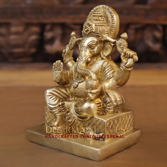 Brass Ganesh seated, Blessing Posture, Golden Finish, 7.5"
