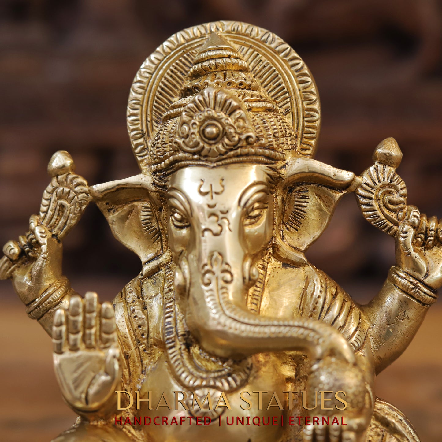 Brass Ganesh seated, Blessing Posture, Golden Finish, 7.5"