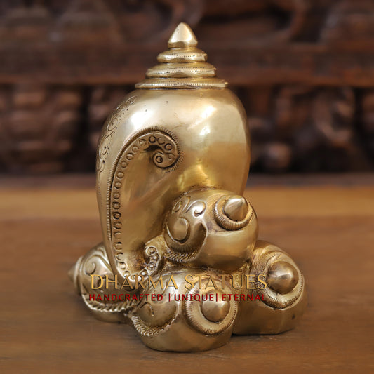 Brass Modern Shankhya Ganesha with OM inscriptions, Golden Finish, 7.5"