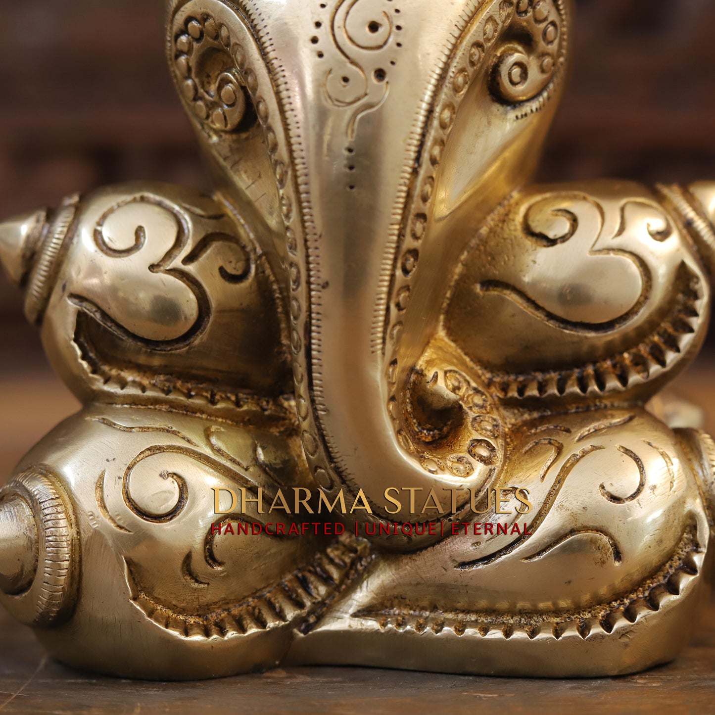 Brass Modern Shankhya Ganesha with OM inscriptions, Golden Finish, 7.5"