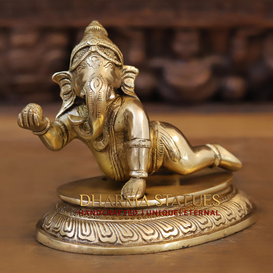 Brass Ganesh with Modak in Hands, Golden Finish, 6"