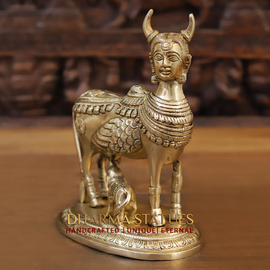 Brass Nandini Cow & Calf, Golden Finish, 9"