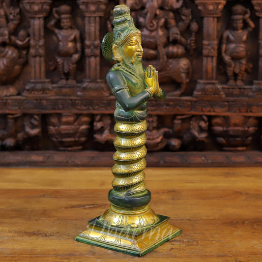 Brass Patanjali Idol, Green Patina and Golden Finish 17.5" side view