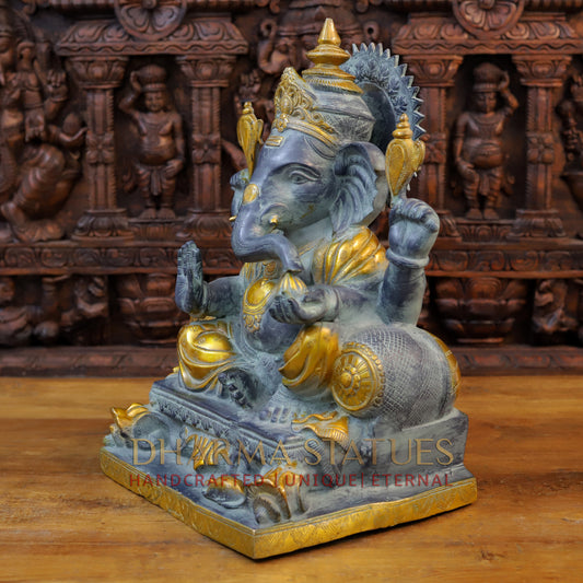 Brass Ganesh Idol, Seated on a Chowki, Black patina & Golden finish 19" side view