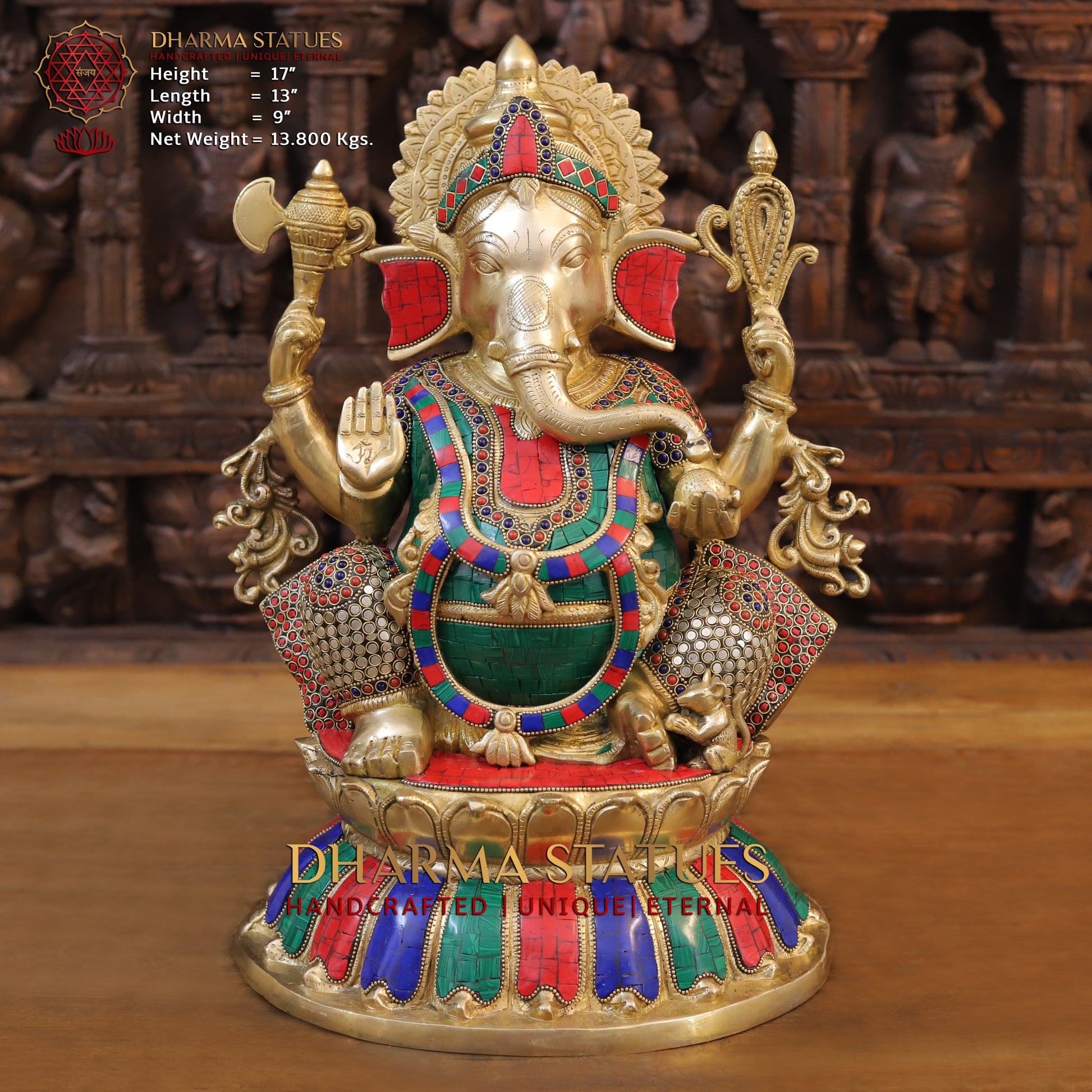 Brass Ganesha Statue, Blessing Ganesha, Golden and Stone work 17"