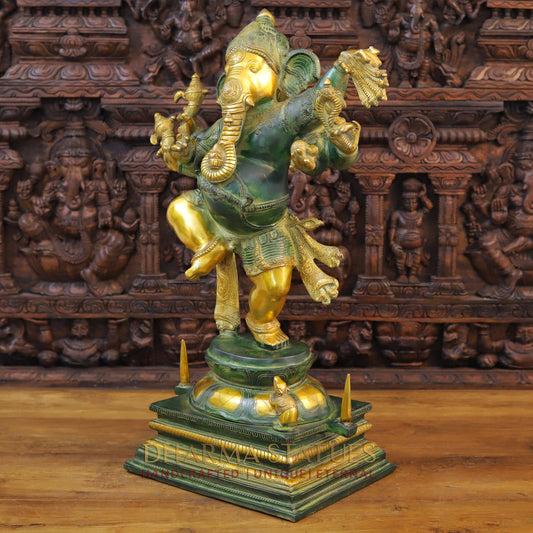 Brass Ganesh Idol, Dancing Ganesha, Green Patina & Golden Finish 30" side view
