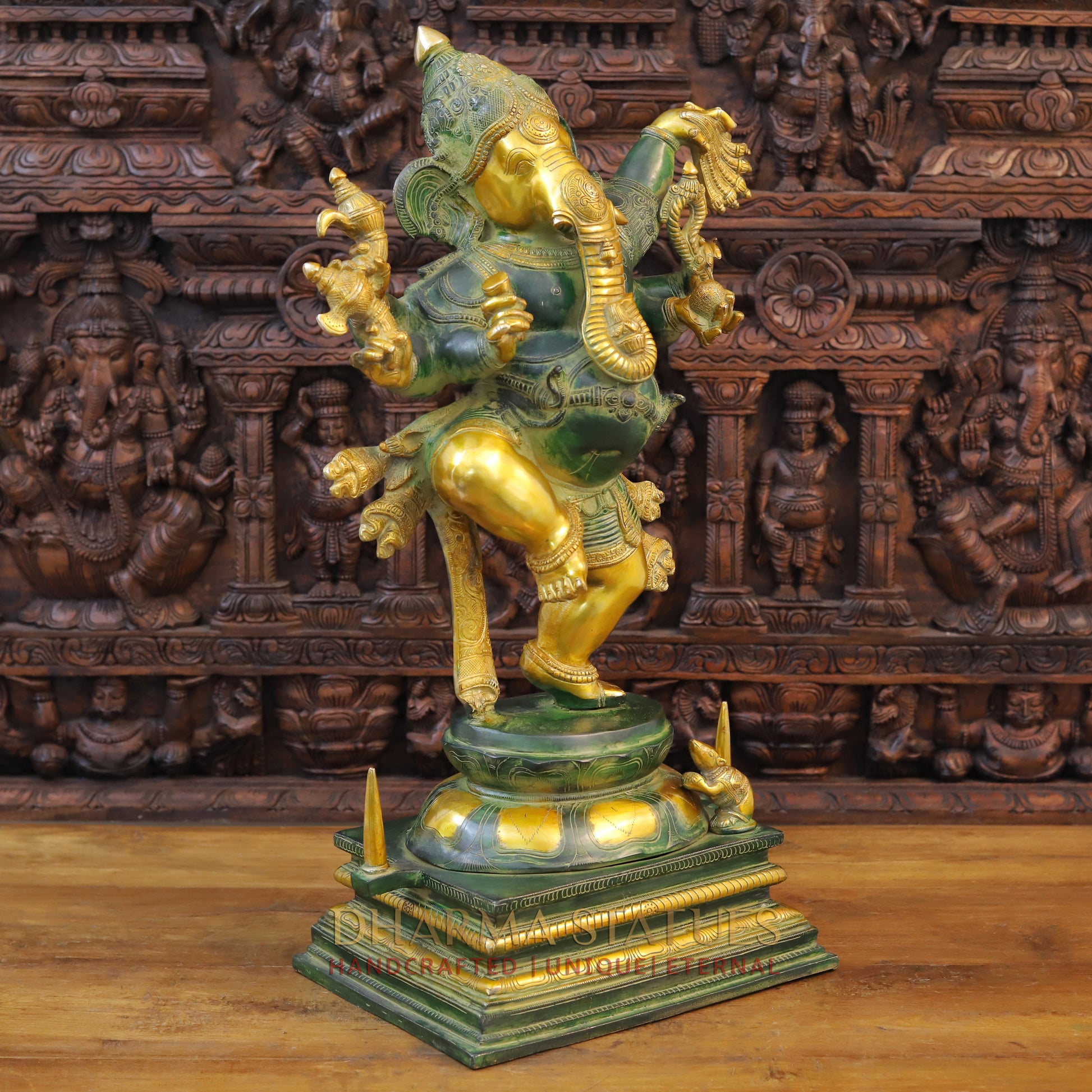 Brass Ganesh Idol, Dancing Ganesha, Green Patina & Golden Finish 30" side view