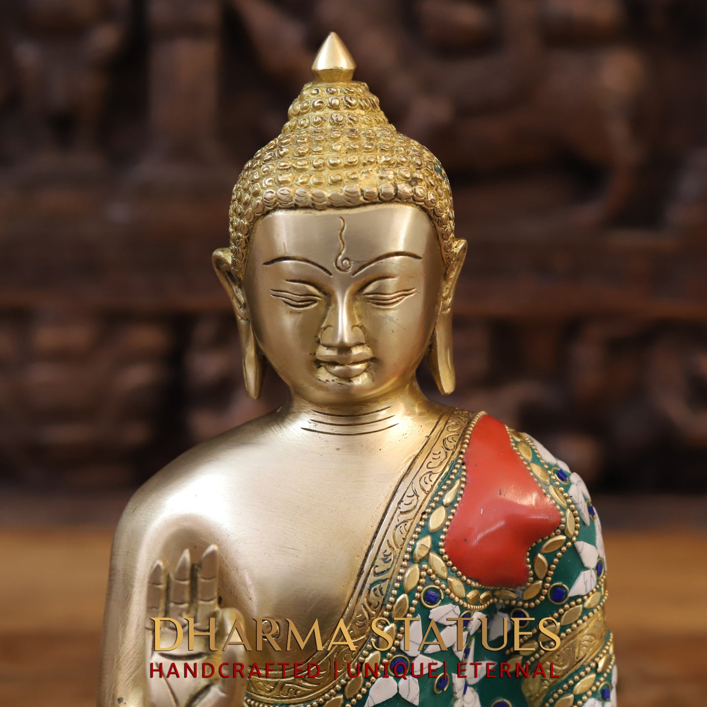 Brass Buddha Idol, Blessing Posture, Golden and Stone Work 10.5"