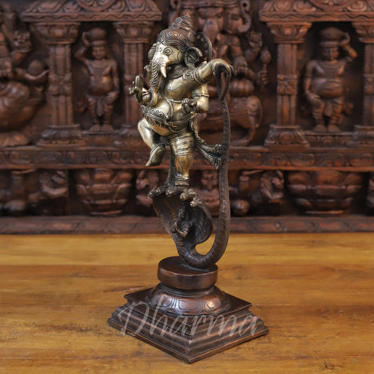 Brass Ganesh On Snake (Kalinga Ganesha) Fine Copper and Golden Finish, 19"