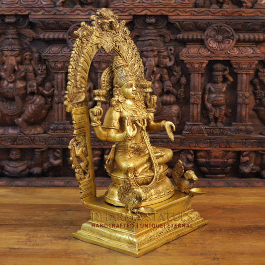 Brass Lakshmi Statue in Yaksha Frame with Peacock Diya, Fine Golden Finish 24"