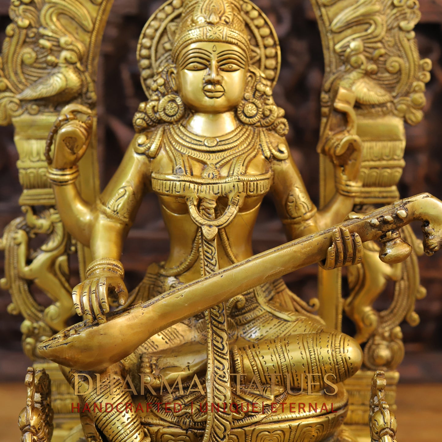 Brass Saraswati, Lakshmi, Ganesh Statue ,Trimurti of Prosperity, Fine Golden Finish 24"