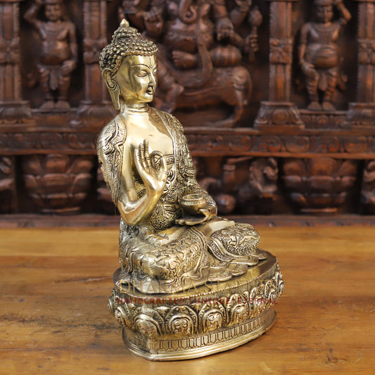 Brass Buddha Statue, Seated on a Lotus Base, Fine Golden Finish 14.5"