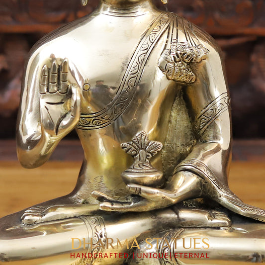 Brass Buddha Idol, Seated on a Lotus, Fine Golden Finish 13"