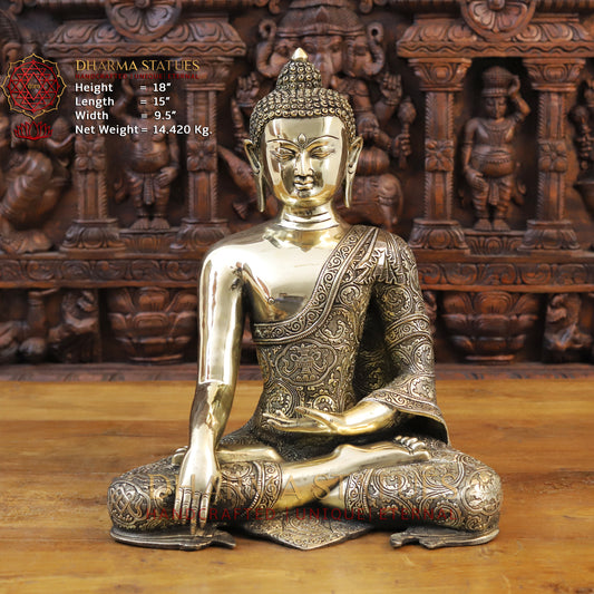 Brass Buddha Statue, Fine Golden work 18"