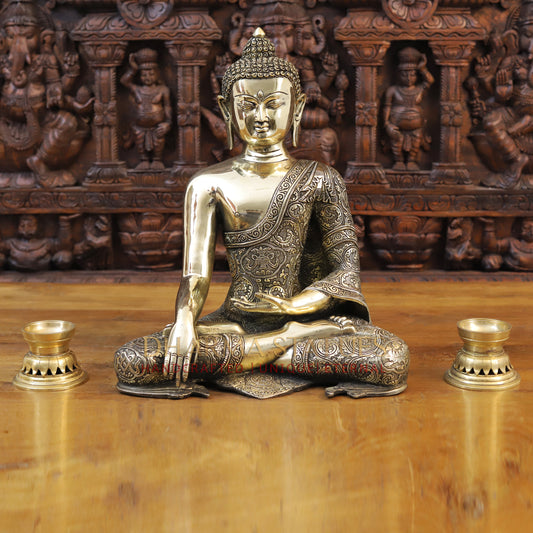 Brass Buddha Statue, Fine Golden work 18"