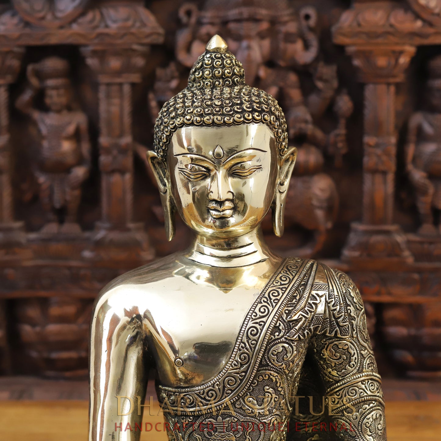 Brass Buddha Statue, Fine Golden work 18"