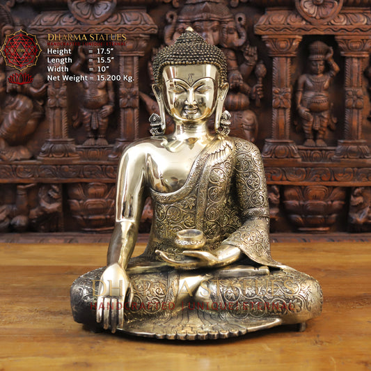 Brass Kundal Buddha Statue, Fine Golden Finish 17.5"