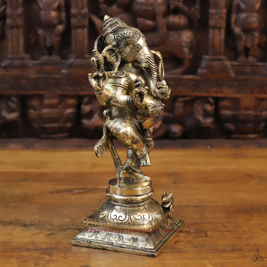 Brass Dancing Ganesh With Rat, Fine Gold Finish, 13"