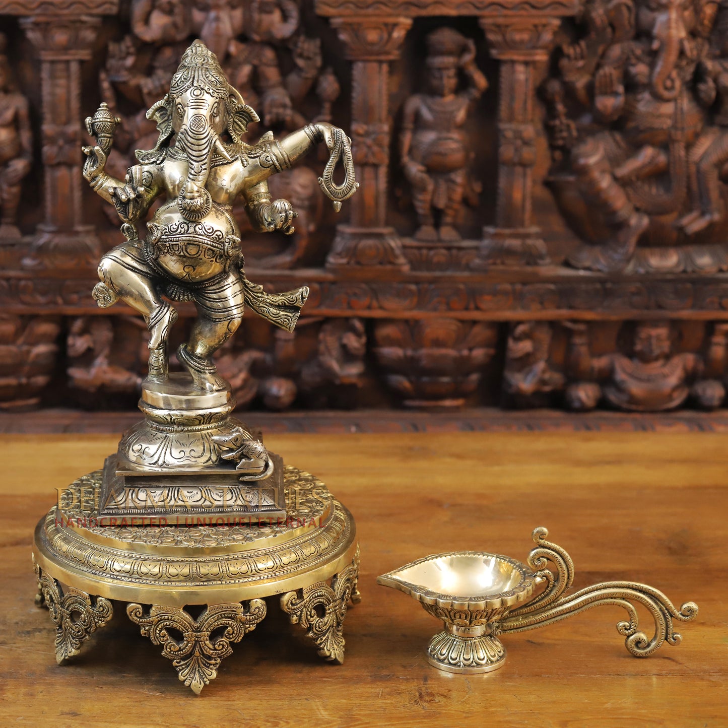 Brass Dancing Ganesh With Rat, Fine Gold Finish, 13"