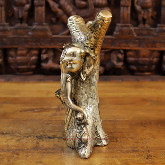 Brass Ganesh Statues Carved in Tree with Rat, Fine Gold Finish, 13"
