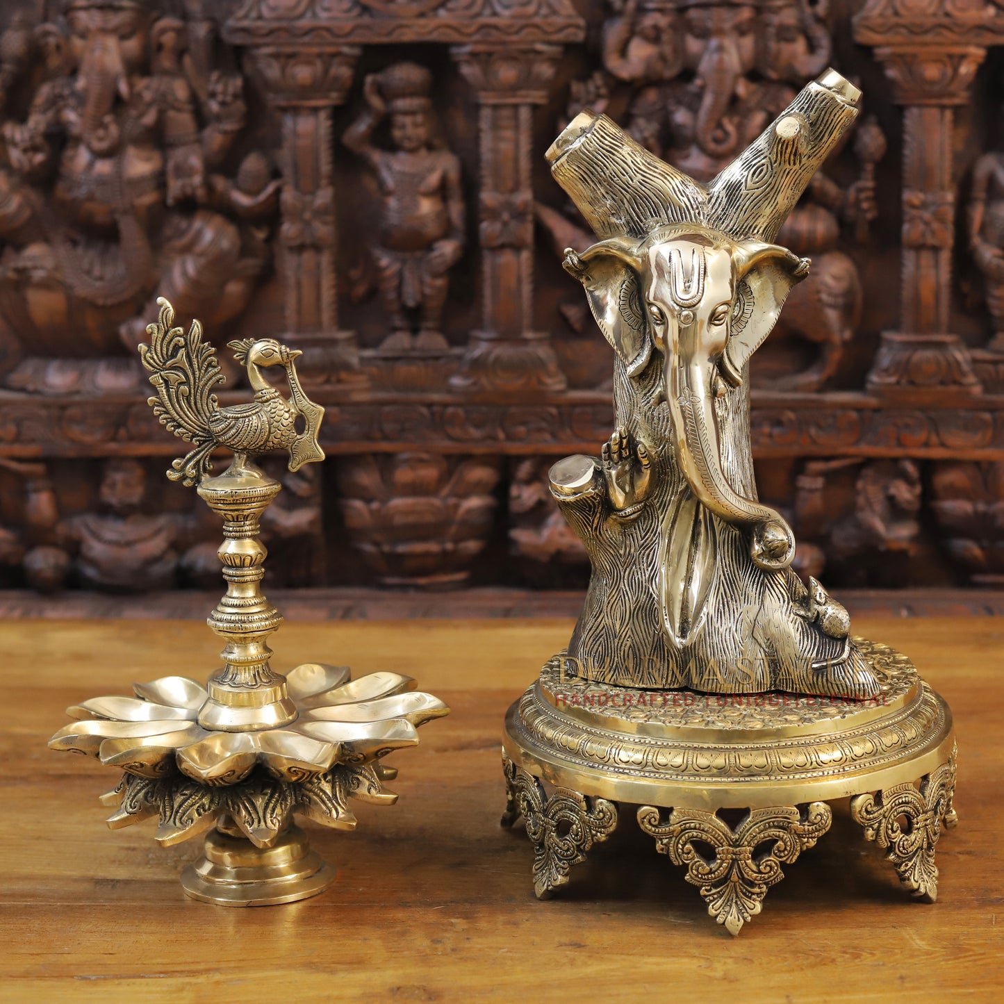 Brass Ganesh Statues Carved in Tree with Rat, Fine Gold Finish, 13"