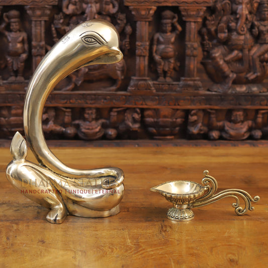 Brass Modern Tusk Ganesh Statue in a Sitting Position, Fine Gold, 16"