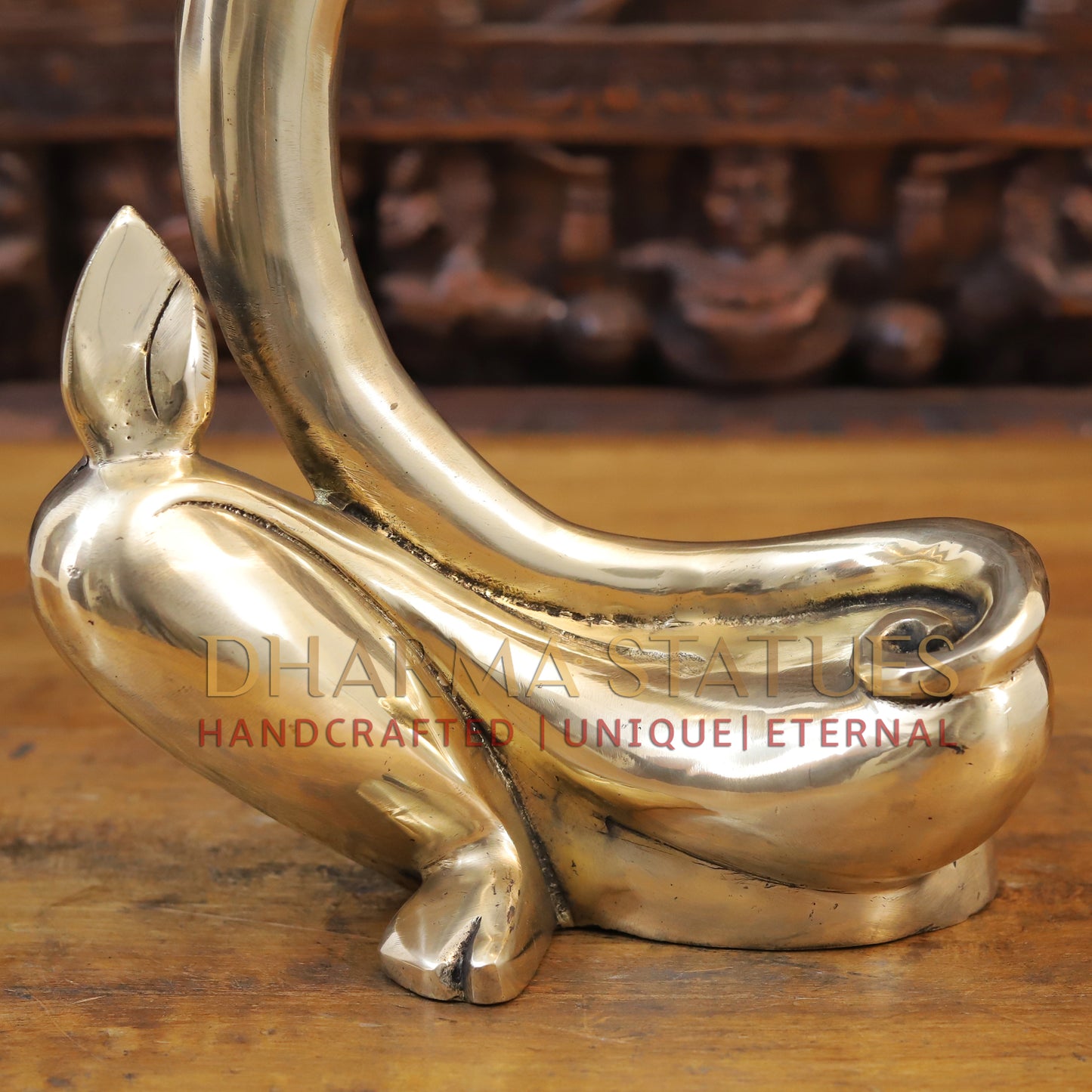 Brass Modern Tusk Ganesh Statue in a Sitting Position, Fine Gold, 16"