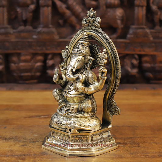 Brass Ganesh Statue With Frame, Fine Gold Finish, 11"