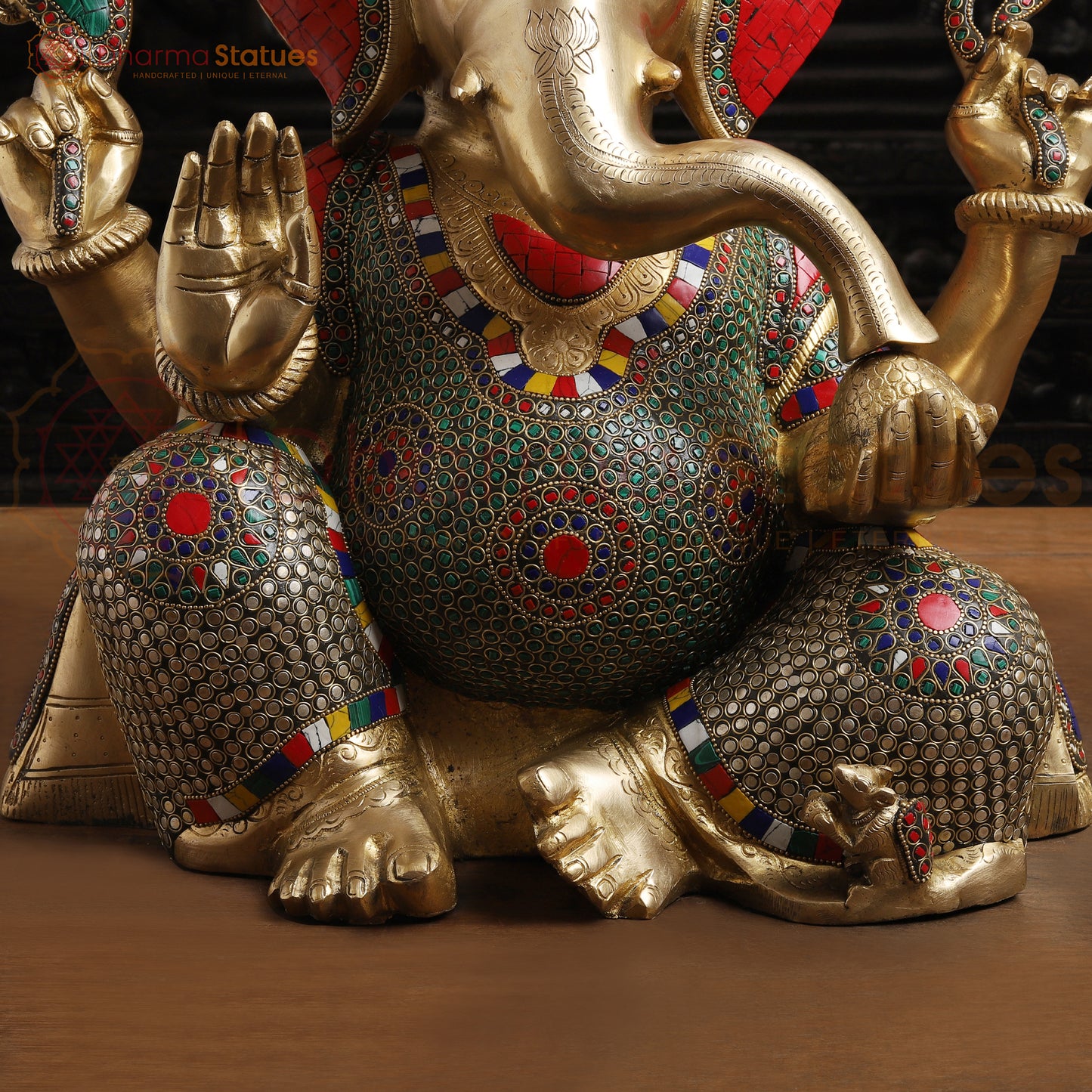 Brass Ganesh Sitting Without Base, Stone Work, 18"