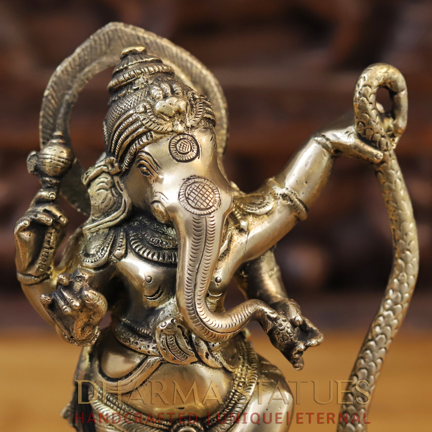 Brass Dancing Ganesh on the Serpent's Crown, Fine Gold Finish, 11.5"