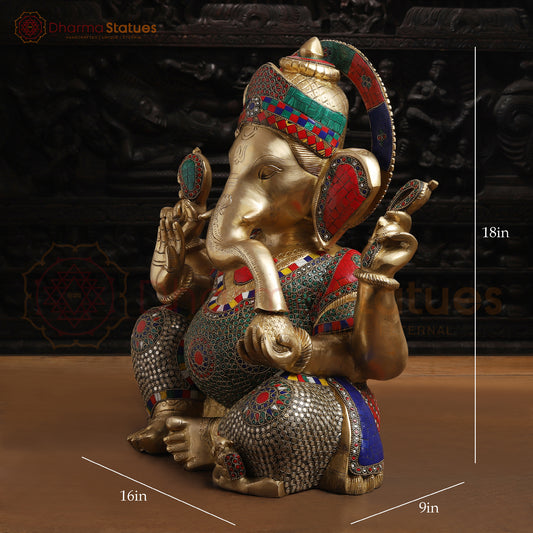 Brass Ganesh Sitting Without Base, Stone Work, 18"