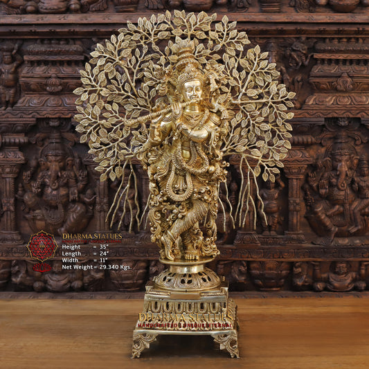 Brass Lord Krishna Idol, Seating Under a Tree, Fine Golden Finish 35"