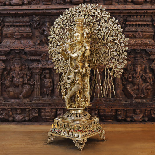 Brass Lord Krishna Idol, Seating Under a Tree, Fine Golden Finish 35"