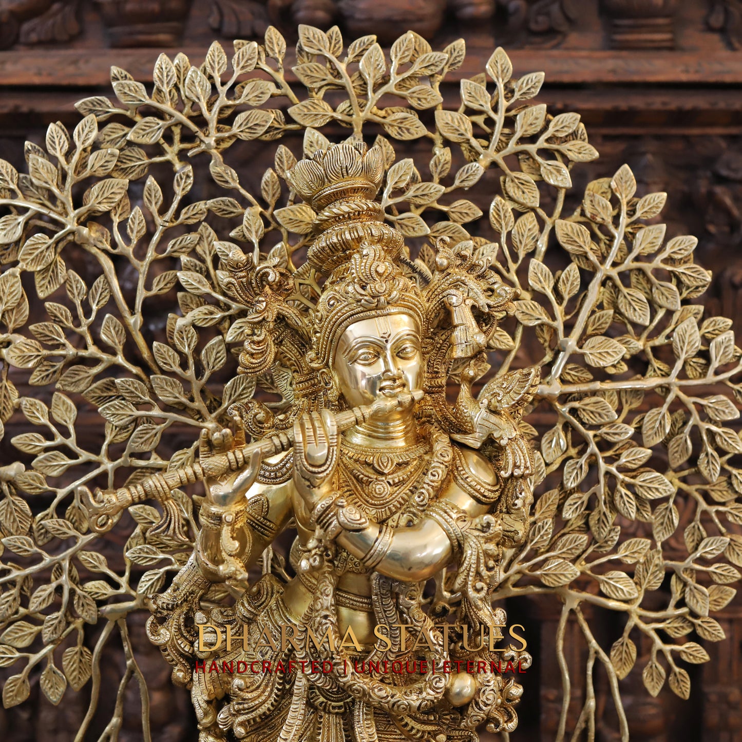 Brass Lord Krishna Idol, Seating Under a Tree, Fine Golden Finish 35"