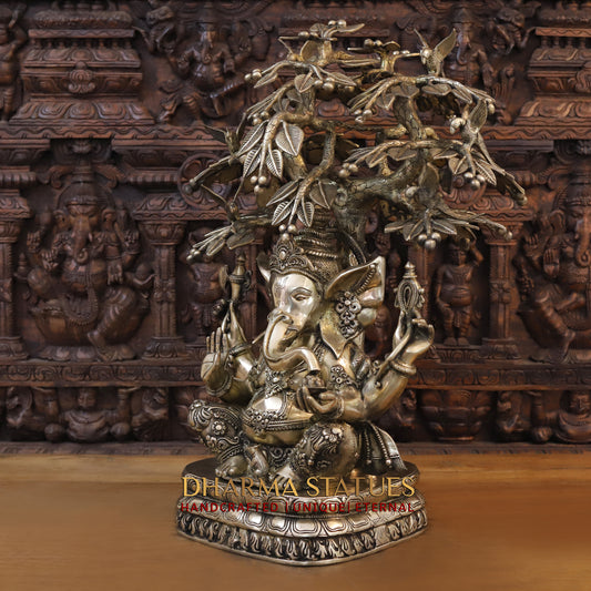 Brass Ganesh Idol, Seated on a Lotus, Under a Tree, Fine Golden Finish 31"