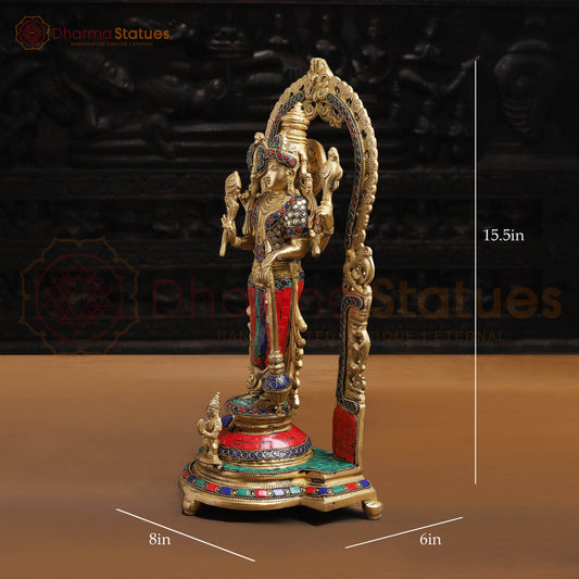 Brass Vishnu with Frame, Golden Finishe and Stone work, 15.5"