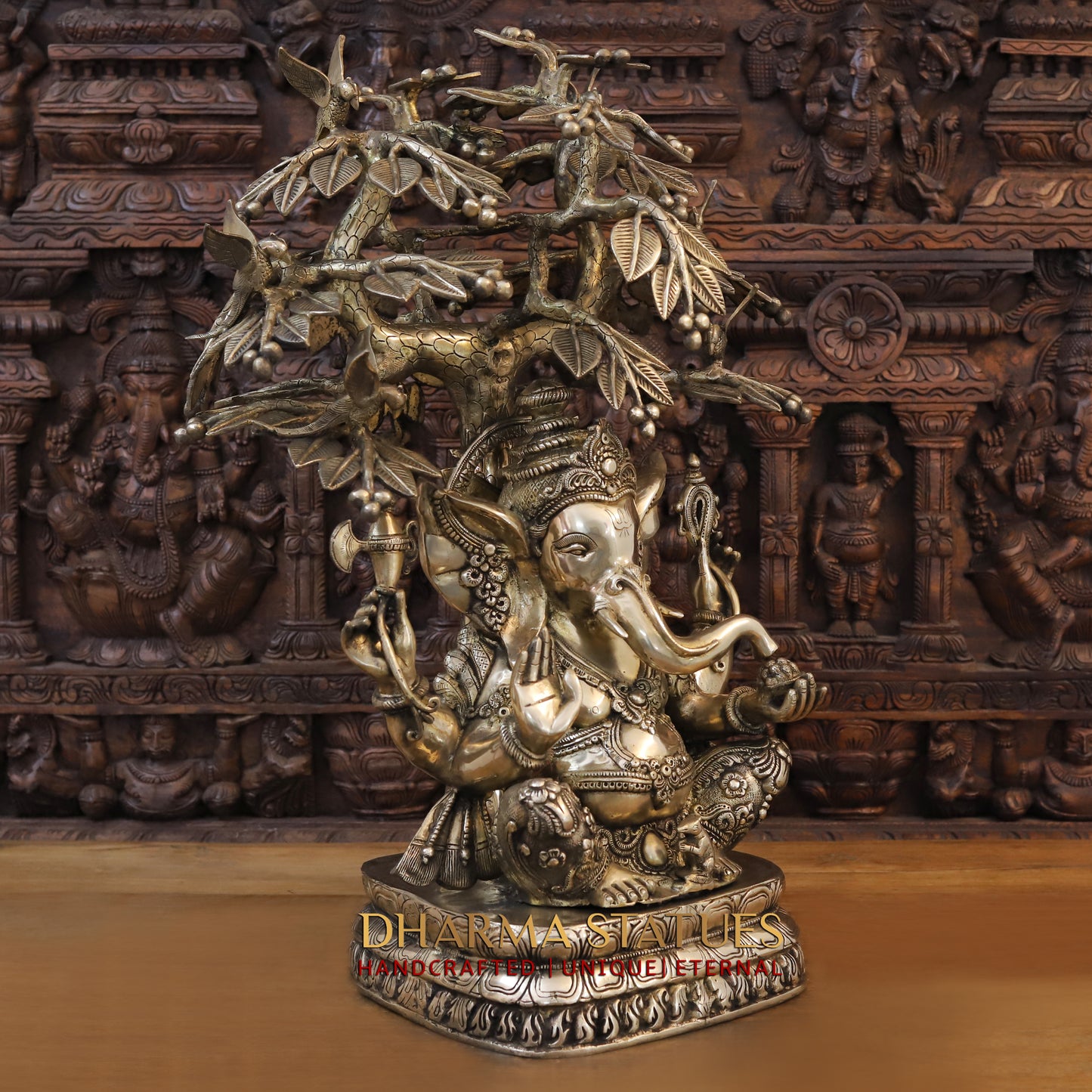 Brass Ganesh Idol, Seated on a Lotus, Under a Tree, Fine Golden Finish 31"