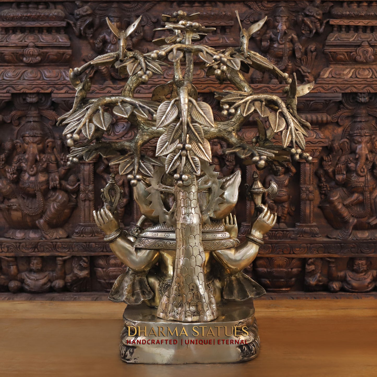 Brass Ganesh Idol, Seated on a Lotus, Under a Tree, Fine Golden Finish 31"