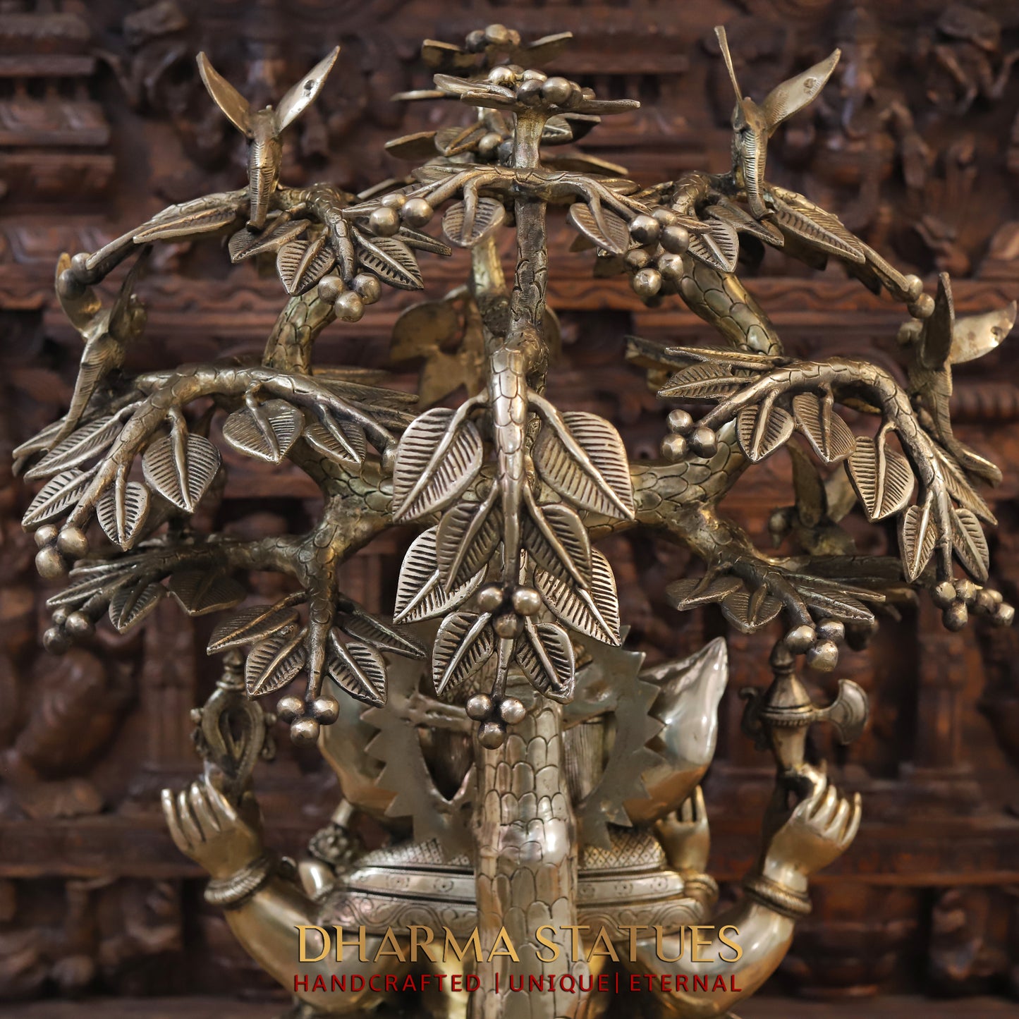 Brass Ganesh Idol, Seated on a Lotus, Under a Tree, Fine Golden Finish 31"