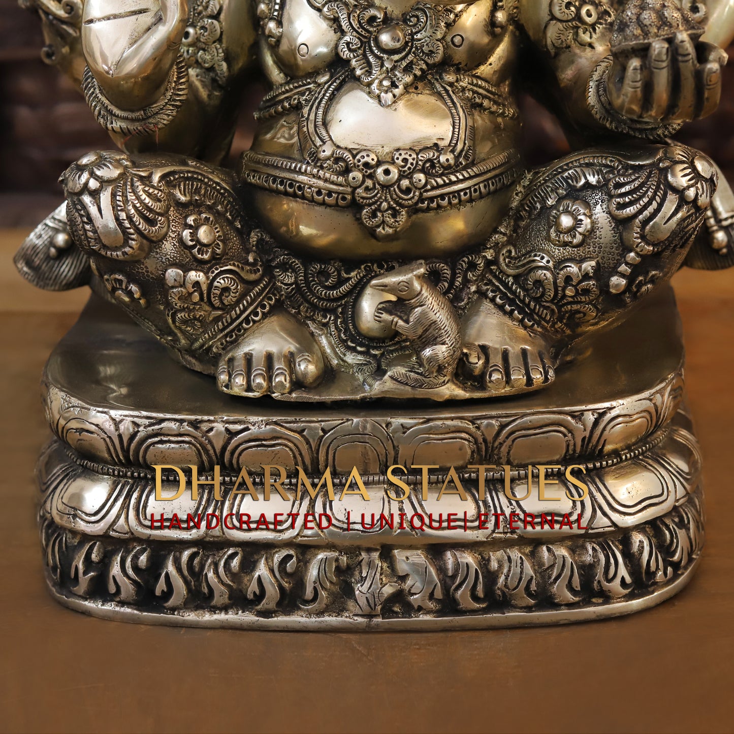 Brass Ganesh Idol, Seated on a Lotus, Under a Tree, Fine Golden Finish 31"