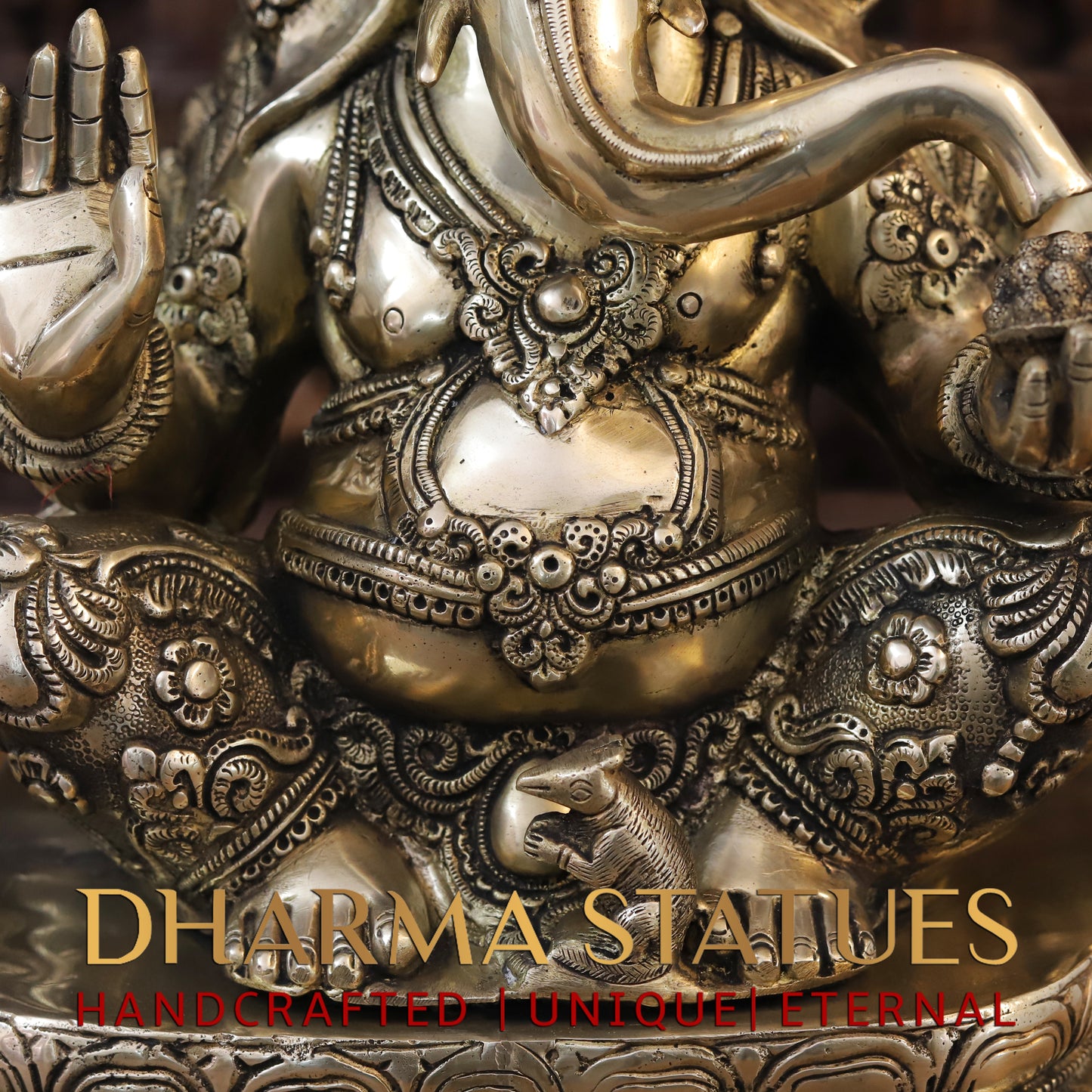 Brass Ganesh Idol, Seated on a Lotus, Under a Tree, Fine Golden Finish 31"