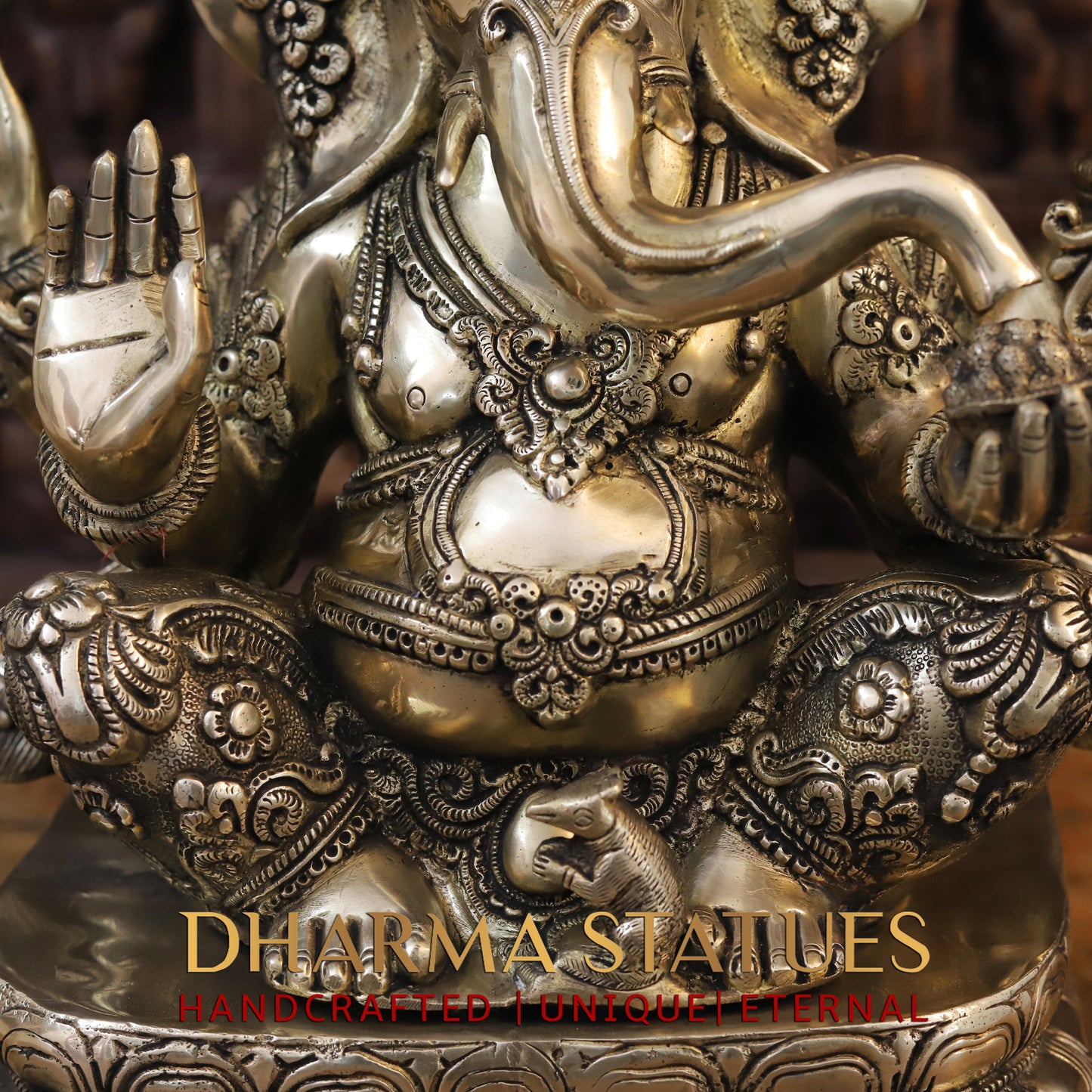 Brass Ganesh Idol, Seated on a Lotus, Under a Tree, Fine Golden Finish 31"