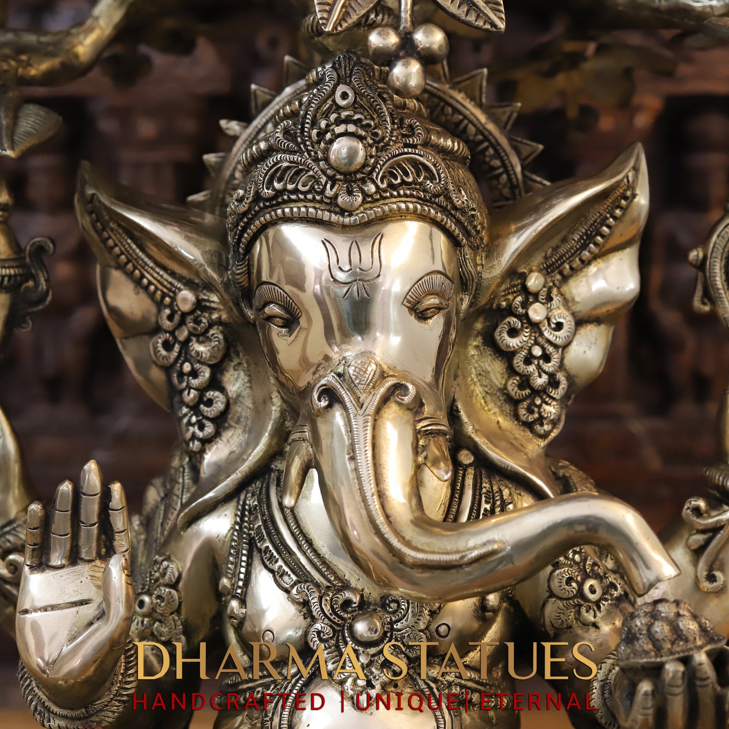 Brass Ganesh Idol, Seated on a Lotus, Under a Tree, Fine Golden Finish 31"