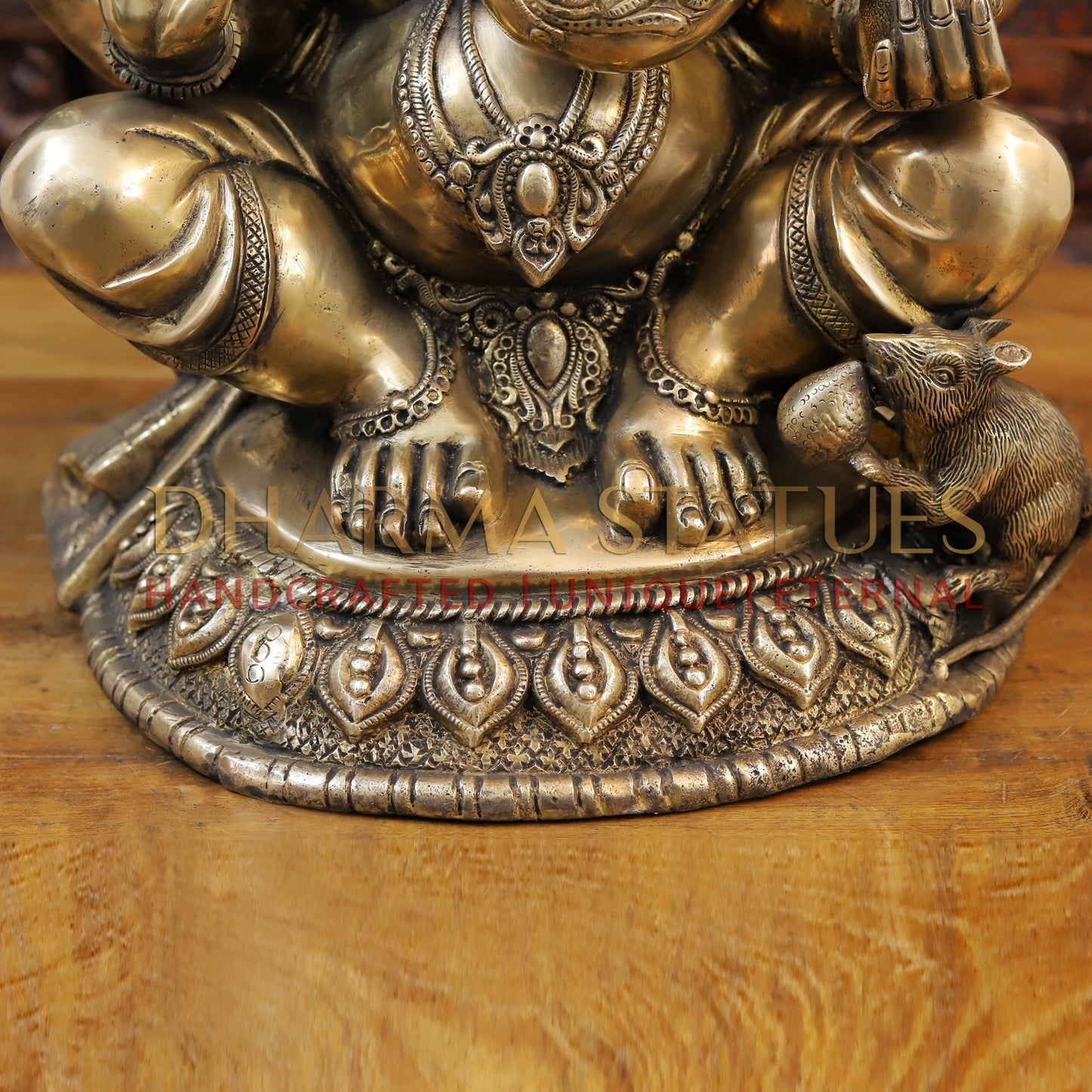 Brass Ganesh Idol, Seated with Mouse, Fine Golden Finish 23.5"