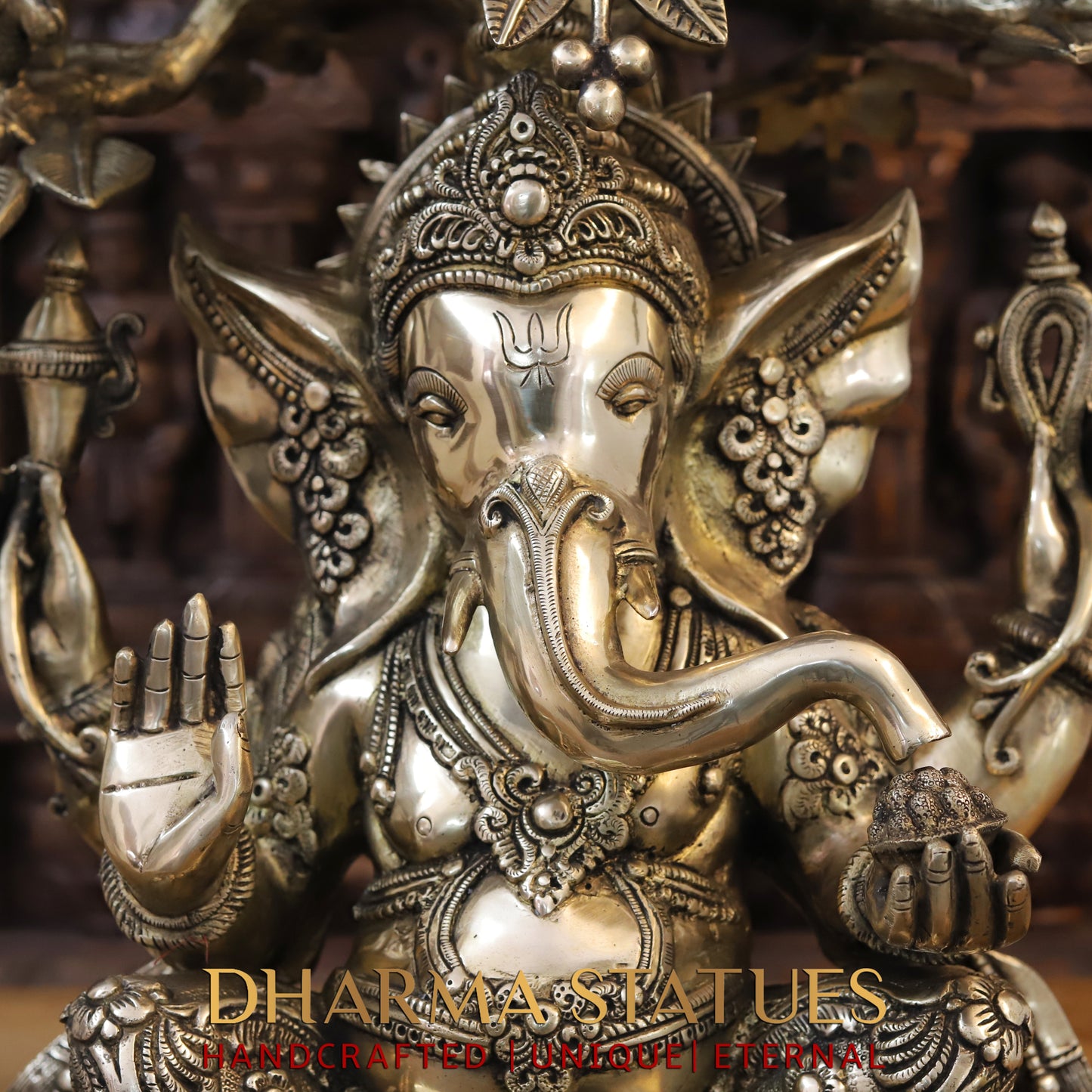 Brass Ganesh Idol, Seated on a Lotus, Under a Tree, Fine Golden Finish 31"